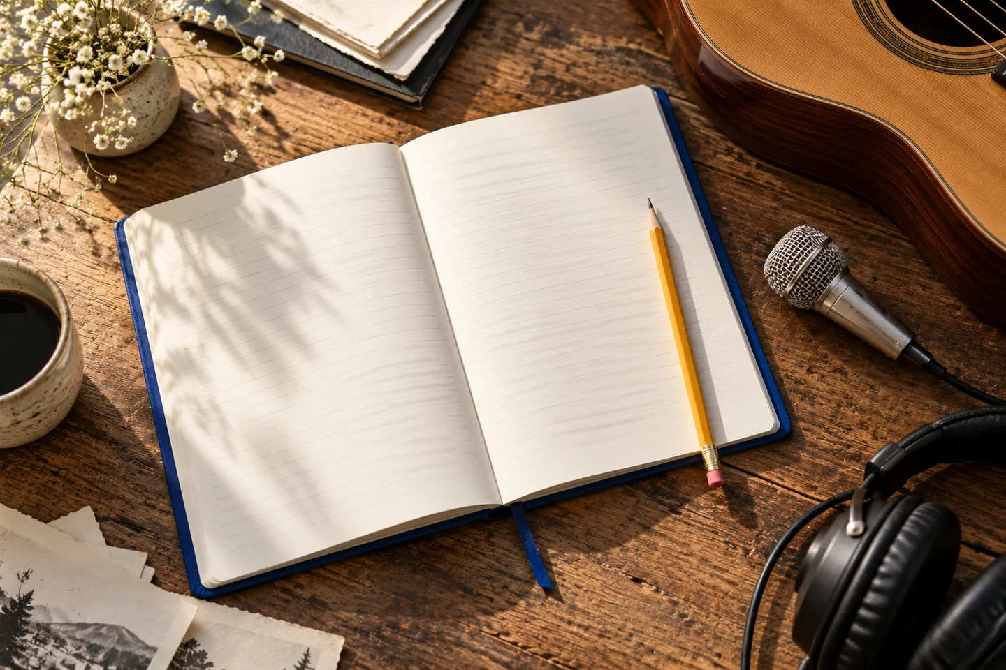 An open lyric notebook, yellow pencil and microphone on a songwriter’s desk.